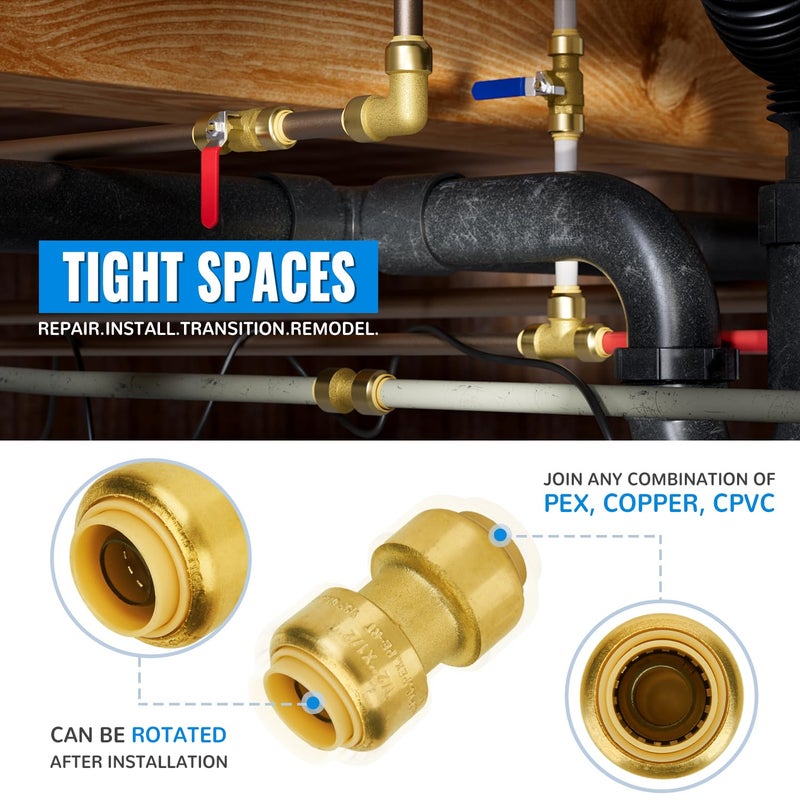 SUNGATOR 1/2-Inch Pushfit Straight Coupling, Push-to-Connect Plumbing Fitting, No Lead Brass Pushfit Fittings for Copper, PEX, CPVC Pipe (2-Pack) - Image 4